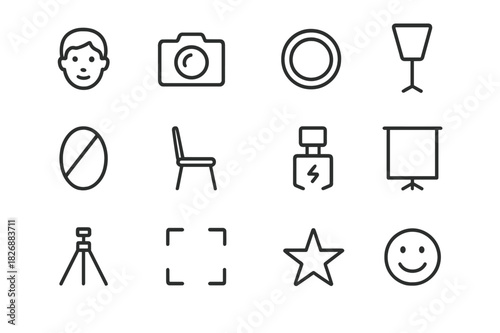 Portrait Photography Icons. Portrait photography. Line icon set of portrait photography: face, camera, lens, soft light, reflector, chair, flash, backdrop,