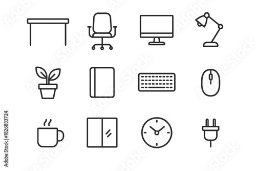 Home Office Icons. Home office setup. Line icon set of home office setup: desk, chair, monitor, lamp, plant, notebook, keyboard, mouse, mug, window, clock,