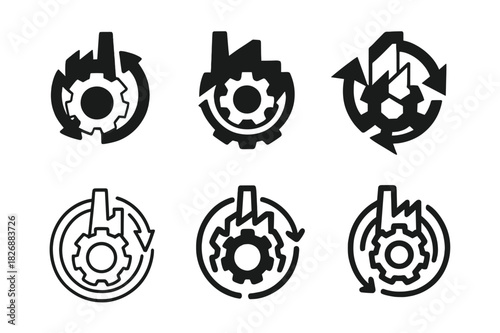 Circular Economy Icons. Circular economy principles in manufacturing. Icon set. Set Logo of circular economy in manufacturing: rotating arrows on factory gear.