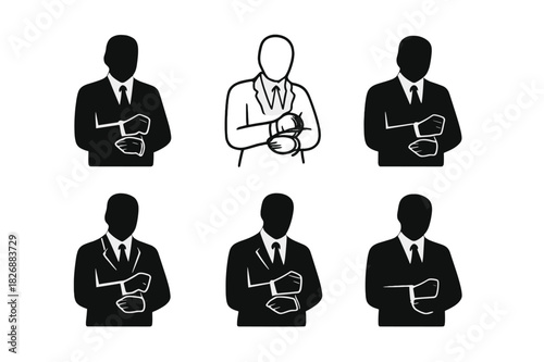 Suit Logo Variations. Wearing suit. Icon set. Set Logo of wearing suit: person silhouette straightening cuffs on blazer. harmonious logo variations of the same