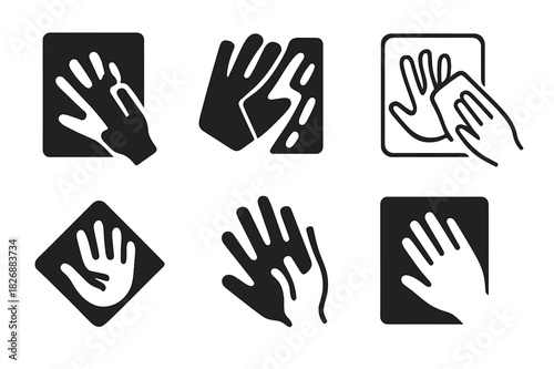 Fingerprint Cleaning Logos. Wiping fingerprints off glass. Icon set. Set Logo of wiping fingerprints off glass: handprint partially erased from a pane.