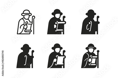 Holy Pilgrimage Icons. Holy pilgrimage. Icon set. Set Logo of Holy pilgrimage: Pilgrim with sacred scroll. harmonious logo variations of the same emblematic