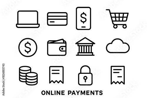 Online Payment Icons. Online payments. Line icon set of online payments: laptop, credit card, mobile phone, shopping cart, dollar sign, wallet, bank, cloud,
