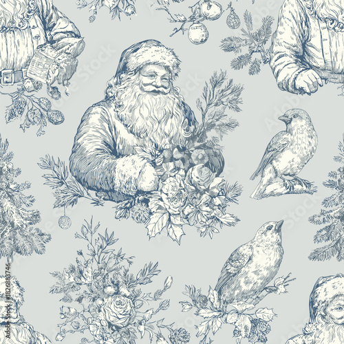 Christmas Floral Blue Toile