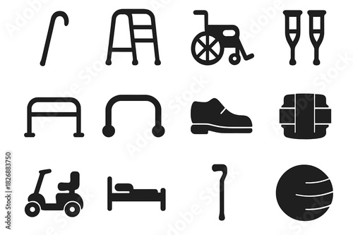 Elderly Aids Icons. Elderly aids. Solid icon set of Elderly aids: walking cane, walker, wheelchair, crutches, handrail, grab bar, orthopedic shoe, support
