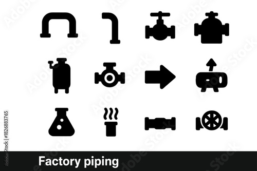 Factory Pipe Icon Set. Factory piping. Solid icon set of Factory piping: overhead pipe, vertical riser, control valve, industrial tank, pump, flow arrow,