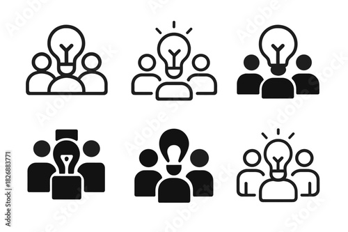 Teamwork Icon Set. employee teamwork. Icon set. Set Logo of employee teamwork: shared idea lightbulb. harmonious logo variations of the same emblematic