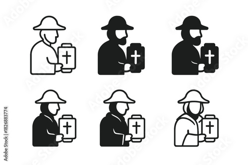 Holy Pilgrimage Icons. Holy pilgrimage. Icon set. Set Logo of Holy pilgrimage: Pilgrim with sacred scroll. harmonious logo variations of the same emblematic