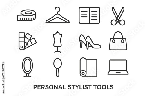 Personal Stylist Tools. Personal stylist tools. Line icon set of personal stylist tools: tape measure, hanger, notebook, scissors, color swatch, mannequin,