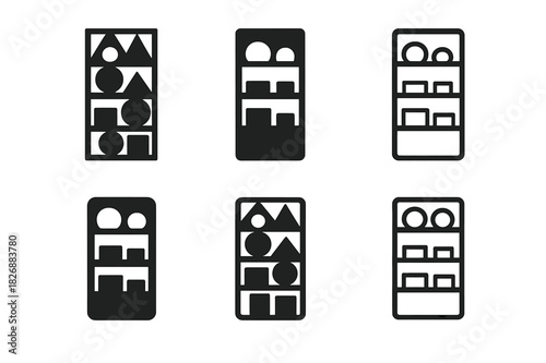 Home Organization Icons. Unique home organization systems. Icon set. Set Logo of Unique home organization systems: vertical pantry organizer. harmonious logo