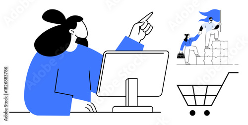 Woman at desk with computer, looking at progress as team climbs blocks holding flag. Shopping cart icon nearby. Ideal for teamwork, online business, leadership, e-commerce, goal setting, planning