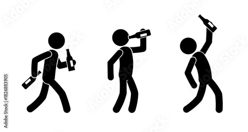 Drunk Stick Figure Icons Showing Drinking and Intoxication Behaviour.