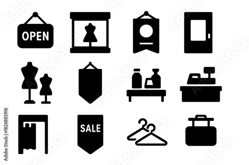 Storefront Icon Set. Storefront elements. Solid icon set of Storefront elements: open sign, display window, promo poster, entrance door, mannequins, in-store
