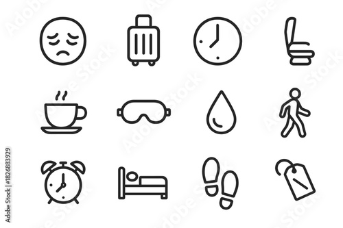 Travel Fatigue Icons. Travel fatigue. Line icon set of travel fatigue: tired face, suitcase, clock, airplane seat, coffee cup, eye mask, sweat drop, person