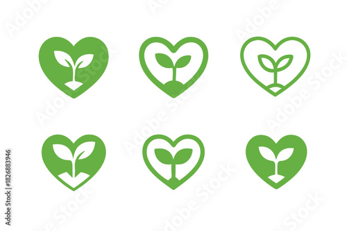 Birth Icon Variations. Birth. Icon set. Set Logo of Birth: heart with growing sprout. harmonious logo variations of the same emblematic concept, each with