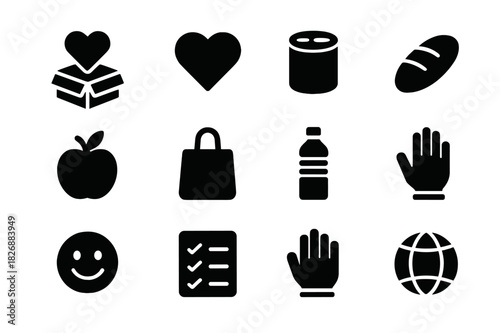 Food Drive Icons. Food Drive. Solid icon set of Food Drive: box, heart, canned food, loaf of bread, apple, bag, water bottle, volunteer hand, smile, checklist,