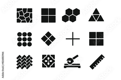 Black Tile Icons. Patterned floor. Solid icon set of Patterned floor: mosaic tile, square tile, hexagon tile, triangle tile, circle tile, diamond tile, grout
