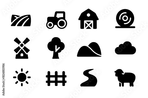 Countryside Icon Grid. Countryside landscape. Solid icon set of countryside landscape: field, tractor, barn, hay bale, windmill, tree, hill, cloud, sun, fence,