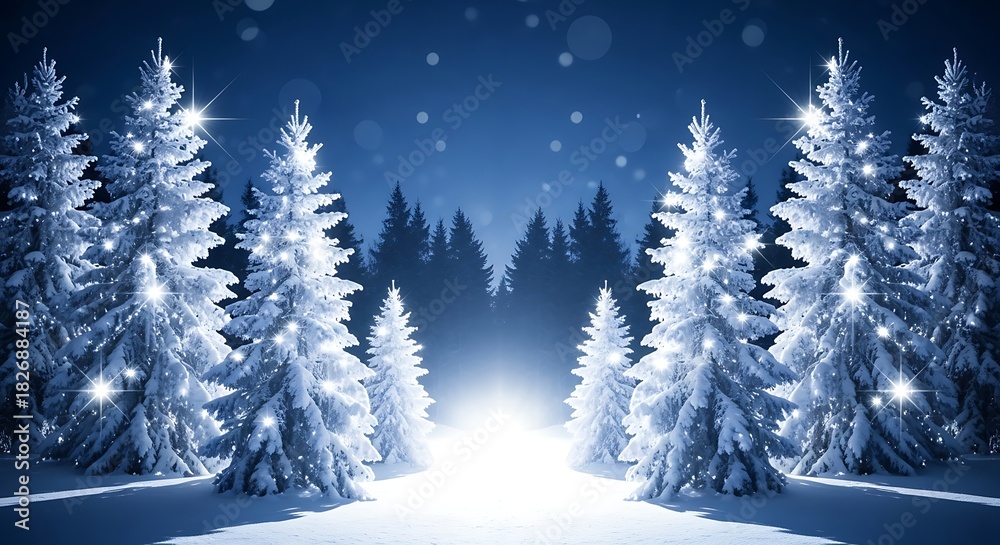 Naklejka premium Snowy Forest with Illuminated Christmas Trees at Night winter