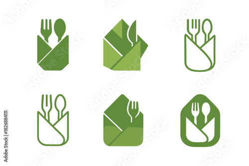 Eco Home Icons. Sustainable home products. Icon set. Set Logo of eco home item: cloth napkin and utensil wrap. harmonious logo variations of the same
