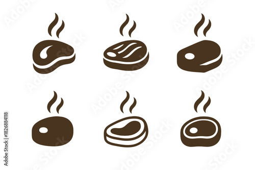 Tender Meats Icons. tender meats. Icon set. Set Logo of tender meats: cooked steak slice with steam. harmonious logo variations of the same emblematic concept,