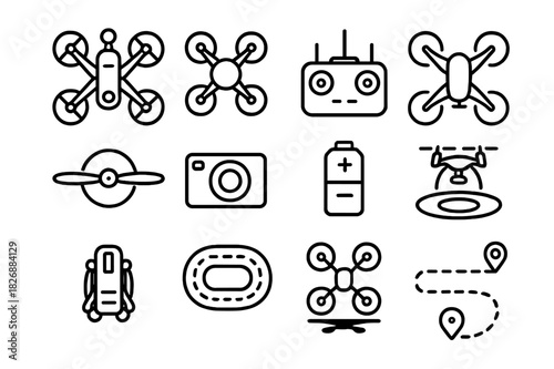 Racing Drone Icons. Racing Drones. Line icon set of Racing Drones: FPV drone, quadcopter, drone controller, drone in flight, propeller drone, drone camera,