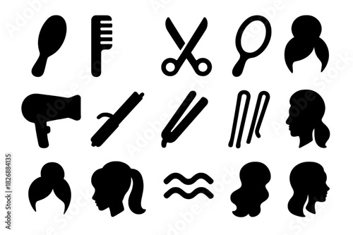 Retro Hairstyle Essentials. Retro hairstyle. Solid icon set of Retro hairstyle: hairbrush, comb, scissors, mirror, hair dryer, curling iron, straightener,