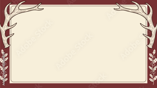 Elegant border design with natural elements, featuring antlers and leaves on a cream background with a deep red border for a touch of sophistication and rustic charm