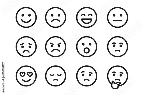 Facial Expression Icons. Facial expressions. Line icon set of facial expressions: smile, frown, laugh, neutral face, cry, angry face, surprised face, wink,
