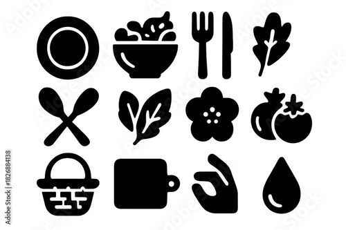 Iconic Table Elements. Table presentation. Solid icon set of Table presentation: plate, salad bowl, fork, knife, serving spoon, herbs, garnish, fresh