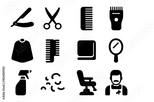 Barber Tools Icons. Barber tools. Solid icon set of Barber tools: straight razor, scissors, comb, clipper, cape, hairbrush, towel, mirror, spray bottle, hair
