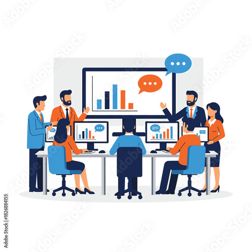 Group of business professionals attending a meeting and discussing financial statistics in an office