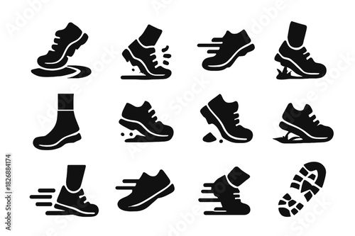 Trail Running Icons. Trail Running Feet. Solid icon set of running shoes, trail path, foot striking ground, motion lines, socks, dirt, grass, pebble, ankle,