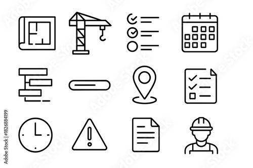 Construction Interface Icons. Construction planning interface. Line icon set of Construction planning interface: blueprint icon, crane icon, task list,