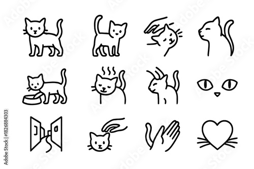 Stray Cat Icons. Stray cat affection. Line icon set of stray cat affection: street cat, tail up, nuzzle icon, hand reaching, cat rub, feeding bowl, purr icon,