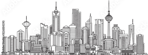 Modern Saudi city skyline line art, skyscrapers, futuristic metropolis.