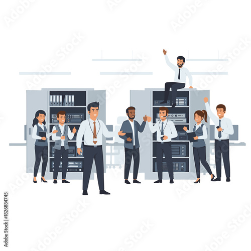 Group of IT professionals celebrating success in a server room with equipment and servers