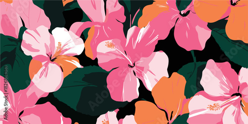 鮮やかなハイビスカスの花柄のシームレスパターン、トロピカルでエキゾチックな夏のデザイン、黒い背景にピンクとオレンジの花。