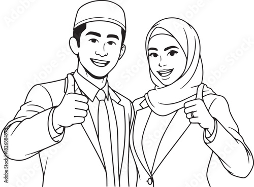 Arab/Muslim couple giving thumbs up line art isolated. Success, approval.