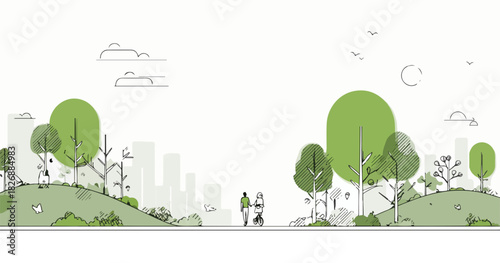 都市の緑豊かな公園で散歩を楽しむ人々、自然と都会の調和を表現したベクターイラスト。