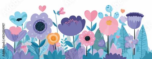 カラフルで愛らしい花々が咲き誇る、幻想的な春の風景のベクターイラスト。