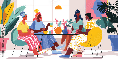 多様な女性たちがカフェでリラックスして会話を楽しむ、温かく居心地の良いイラスト。