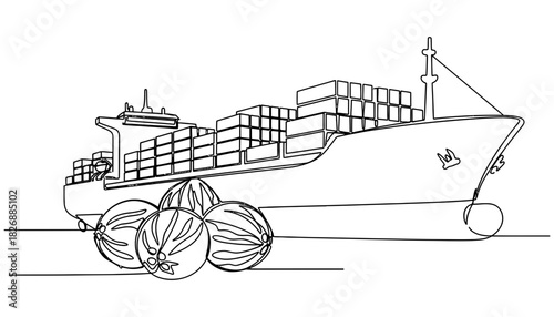Continuous line art of cargo ship with watermelons shipping