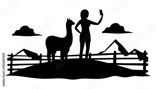 Alpaca selfie silhouette vector illustration graphic design
