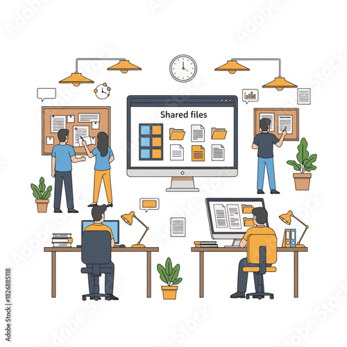 Illustrated office scene depicting teamwork, shared files, and collaborative work environment