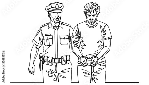 Arrest line art police officer and suspect in handcuffs drawing