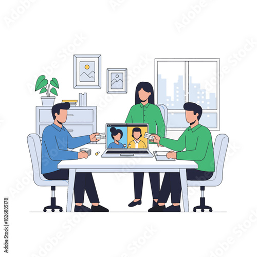 Illustration depicting a business meeting with both in-person and online participants interacting.