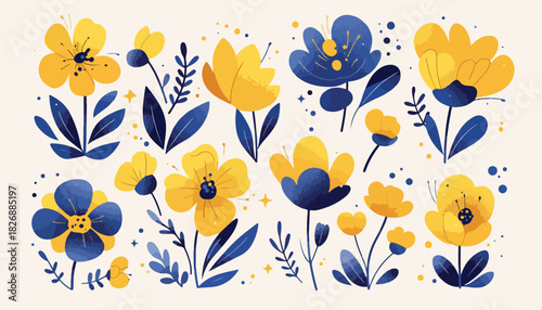 鮮やかな黄色と青色の花々が描かれた、水彩画風のベクターイラストレーション。春の訪れや自然の美しさを表現。
