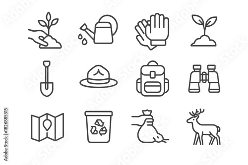 Eco Action Icons. Green Action Team. Line icon set of Green Action Team: tree planting, watering can, gloves, sapling, shovel, ranger hat, backpack,