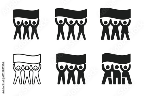 Collectivist Logo Variations. Collectivist. Icon set. Set Logo of collectivist: group of figures lifting a shared banner. harmonious logo variations of the